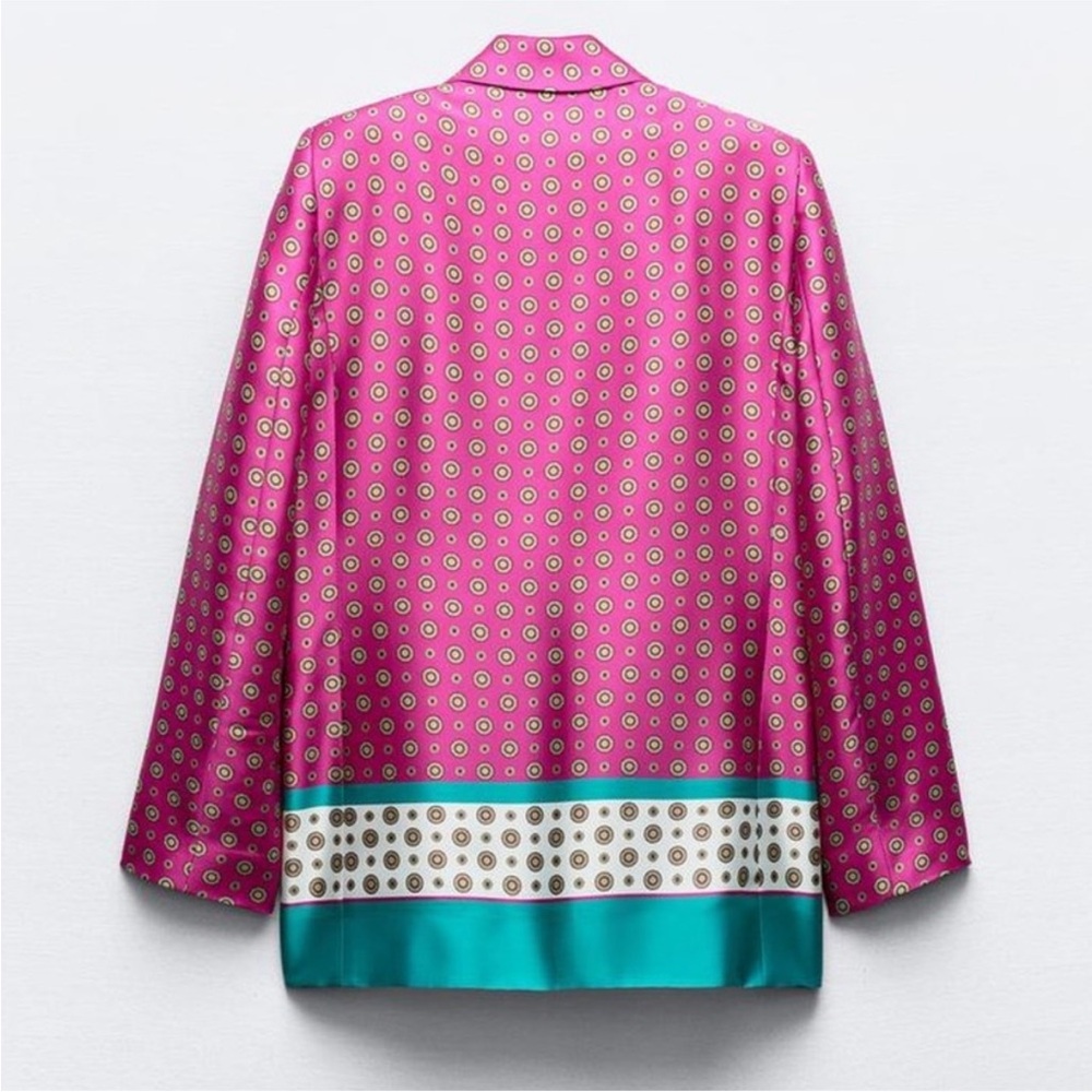 Zara Satin Effect Printed Open Front Blazer Jacket Pink Teal Blue size Small - Picture 3 of 14
